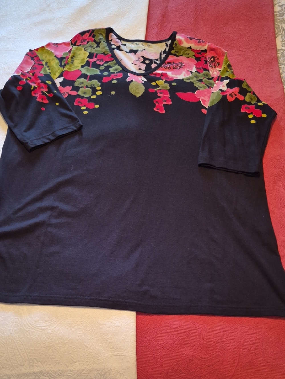 Ulla Popken Black Tunic with Pink and Green Floral Print